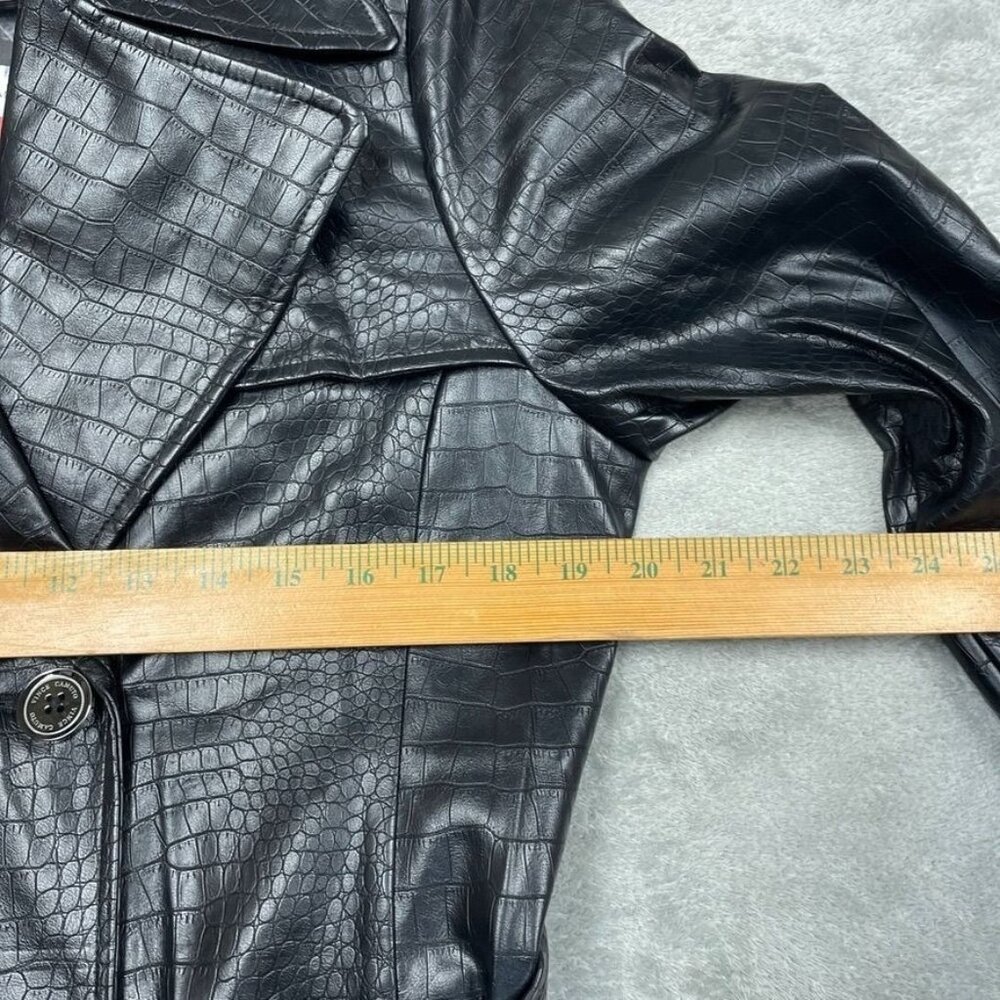 Vince Camuto Black Faux Leather Croc Trench Coat Double-Breasted Medium d0464 - Picture 3 of 10